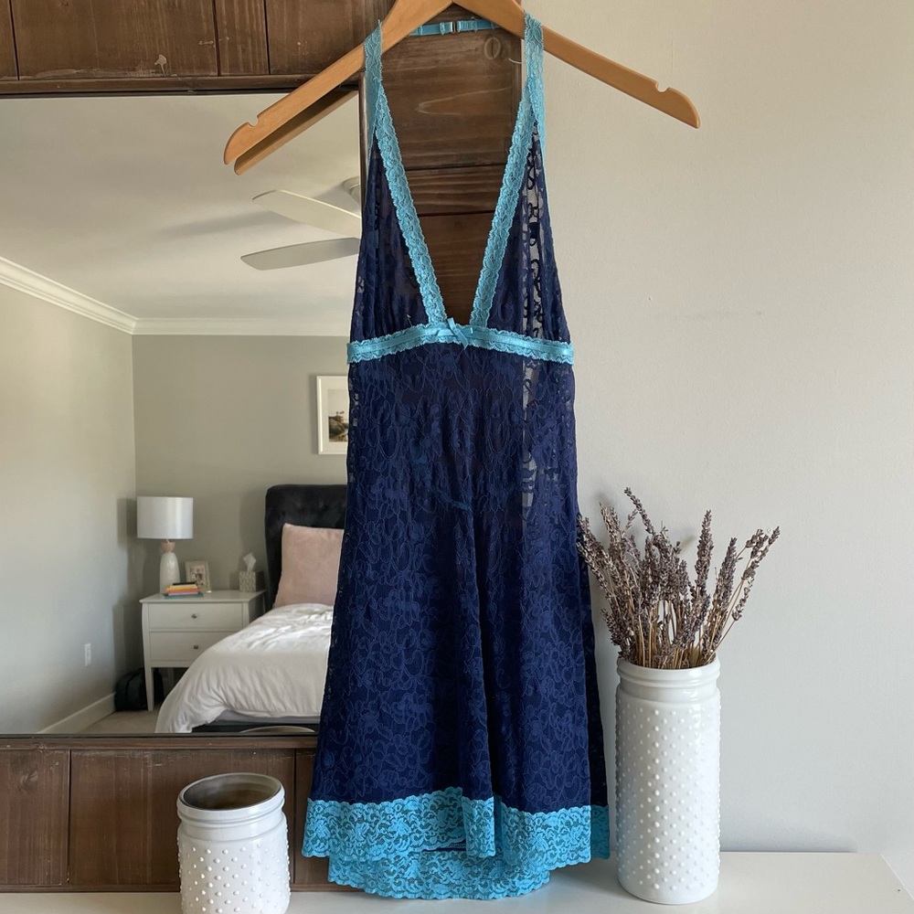 Victoria’s Secret Lingerie The Lacie Navy Aqua Stretch Lace Halter Slip Chemise